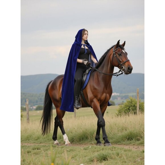 Blue Witch Velvet Hooded Cloak Halloween Cape Queen King Renaissance Medieval - Picture 6 of 7